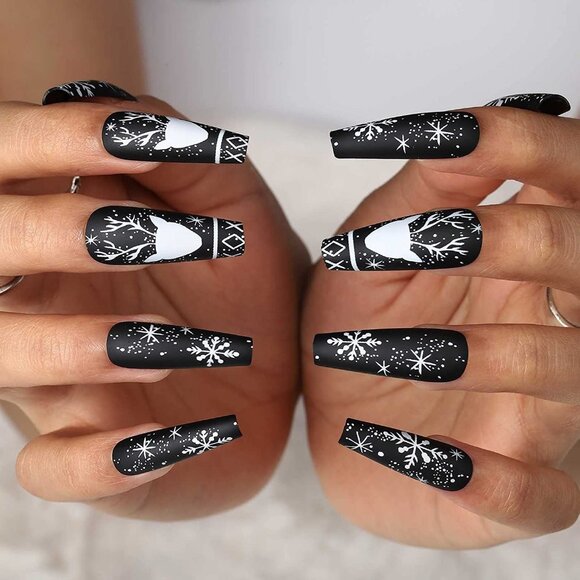 24 Acrylic Snowflake Reindeer Coffin Long Matte Black White Nails Press On - Picture 5 of 10